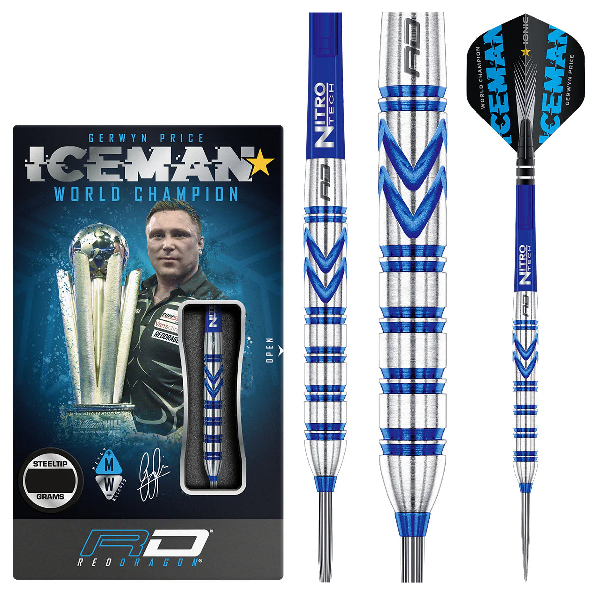 RED DRAGON Gerwyn Price Iceman - Tungsten Steel Darts Set with Flights and Stems