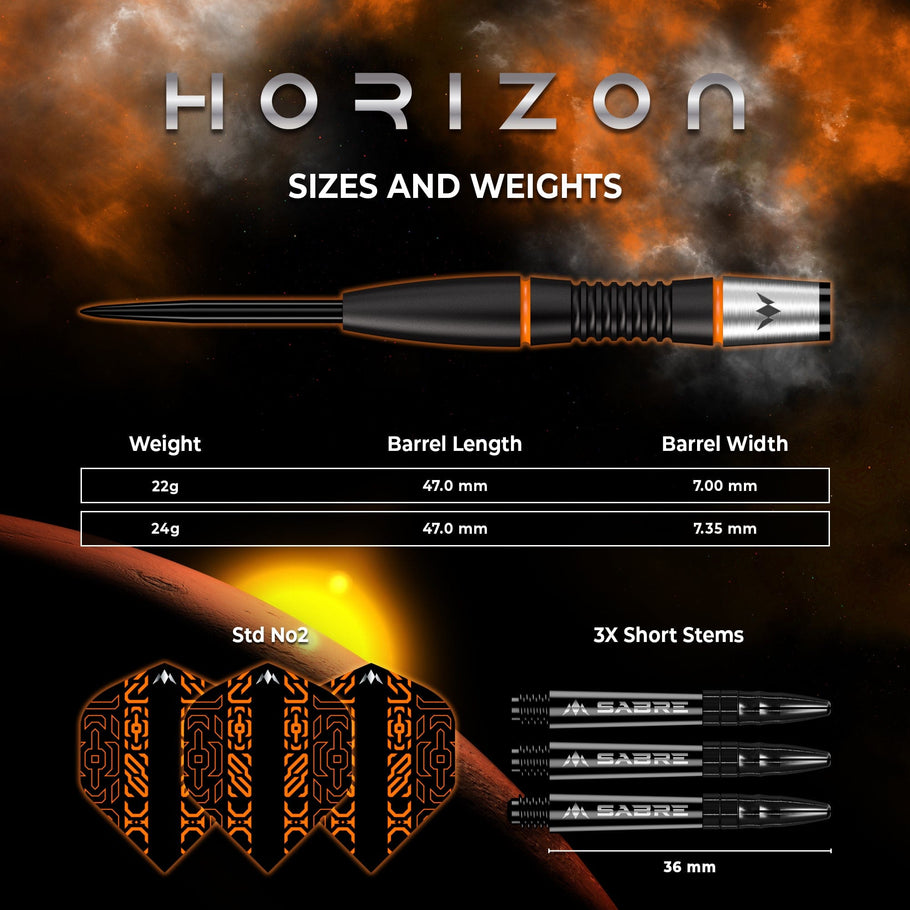 Mission Horizon Darts
Steel Tip - 95% Tungsten - Black PVD & Orange