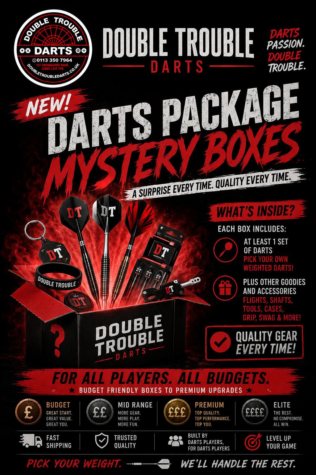 Advertisement for Double Trouble Darts mystery boxes with darts and packaging details on a dark background.