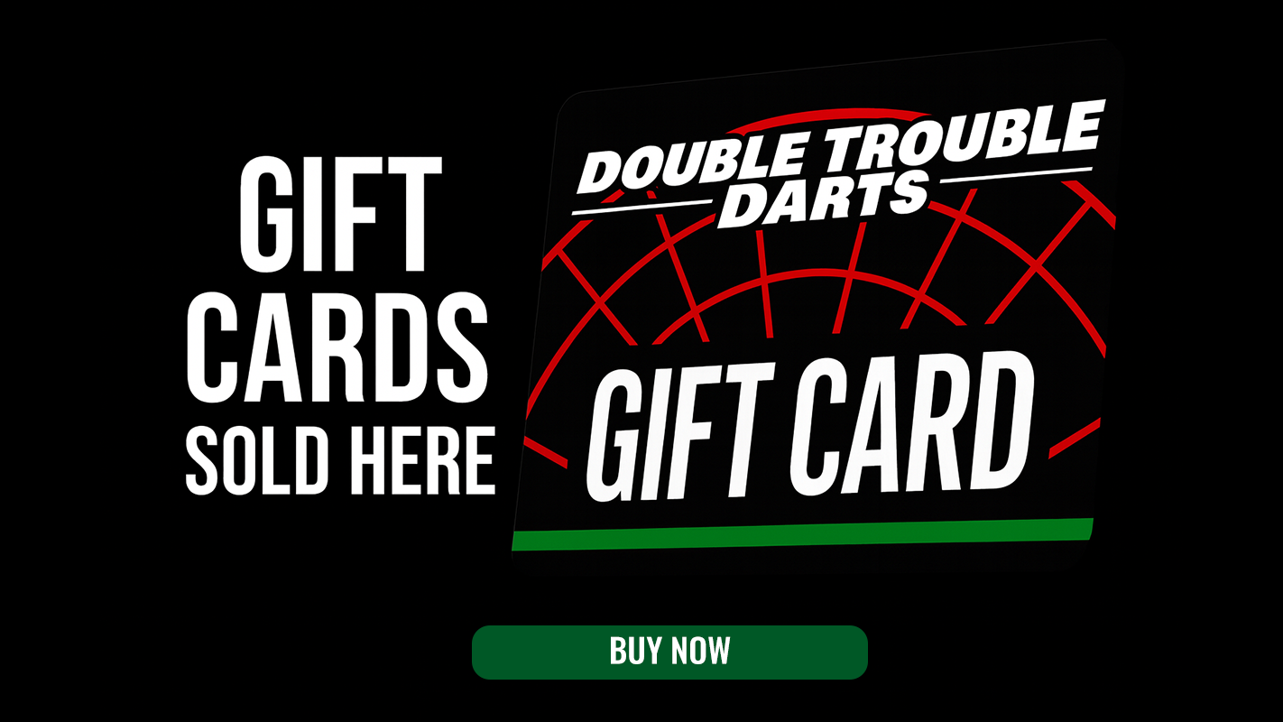 Advertisement for Double Trouble Darts gift cards on a black background