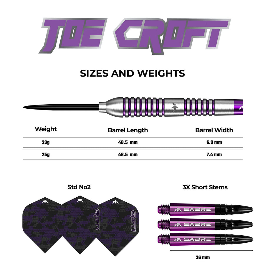 Mission Joe Croft Darts
Steel Tip - 95% Tungsten - Silver & Purple Electro