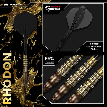 Mission Rhodon Darts
Steel Tip - 95% Tungsten - Bronze & Gold PVD