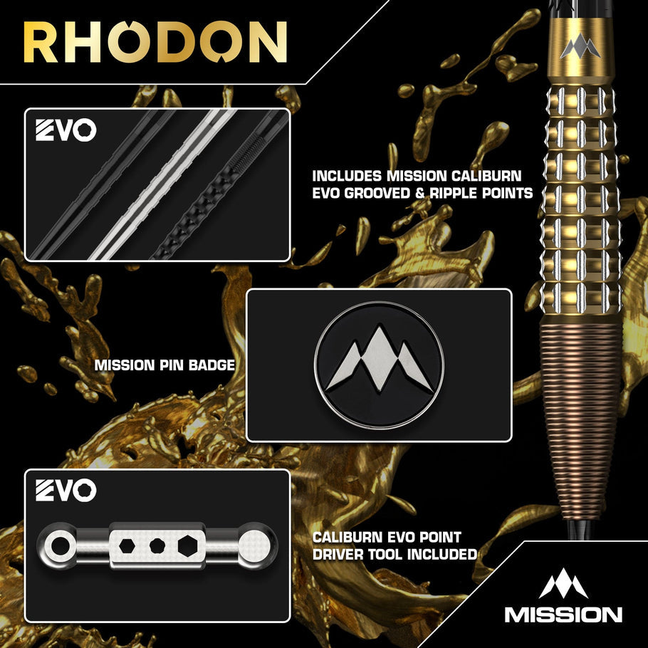 Mission Rhodon Darts
Steel Tip - 95% Tungsten - Bronze & Gold PVD