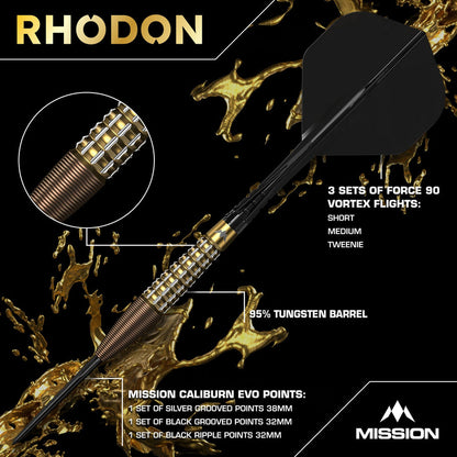 Mission Rhodon Darts
Steel Tip - 95% Tungsten - Bronze & Gold PVD