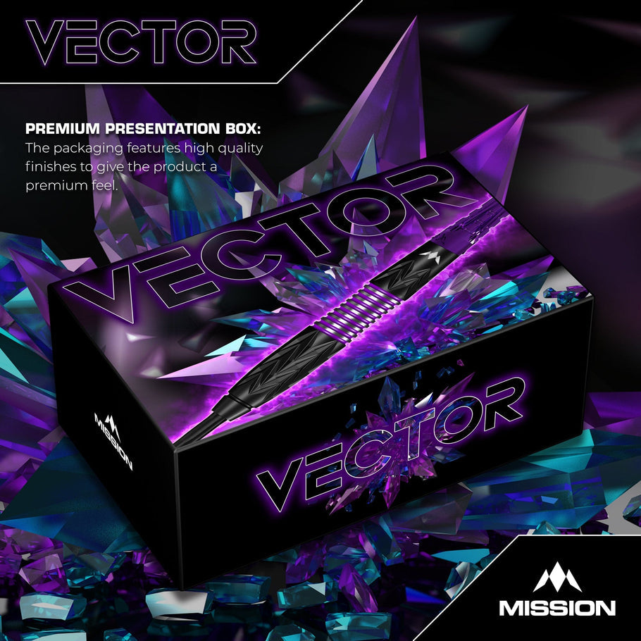 Mission Vector Darts
Steel Tip - 95% Tungsten - Black PVD & Purple Electro