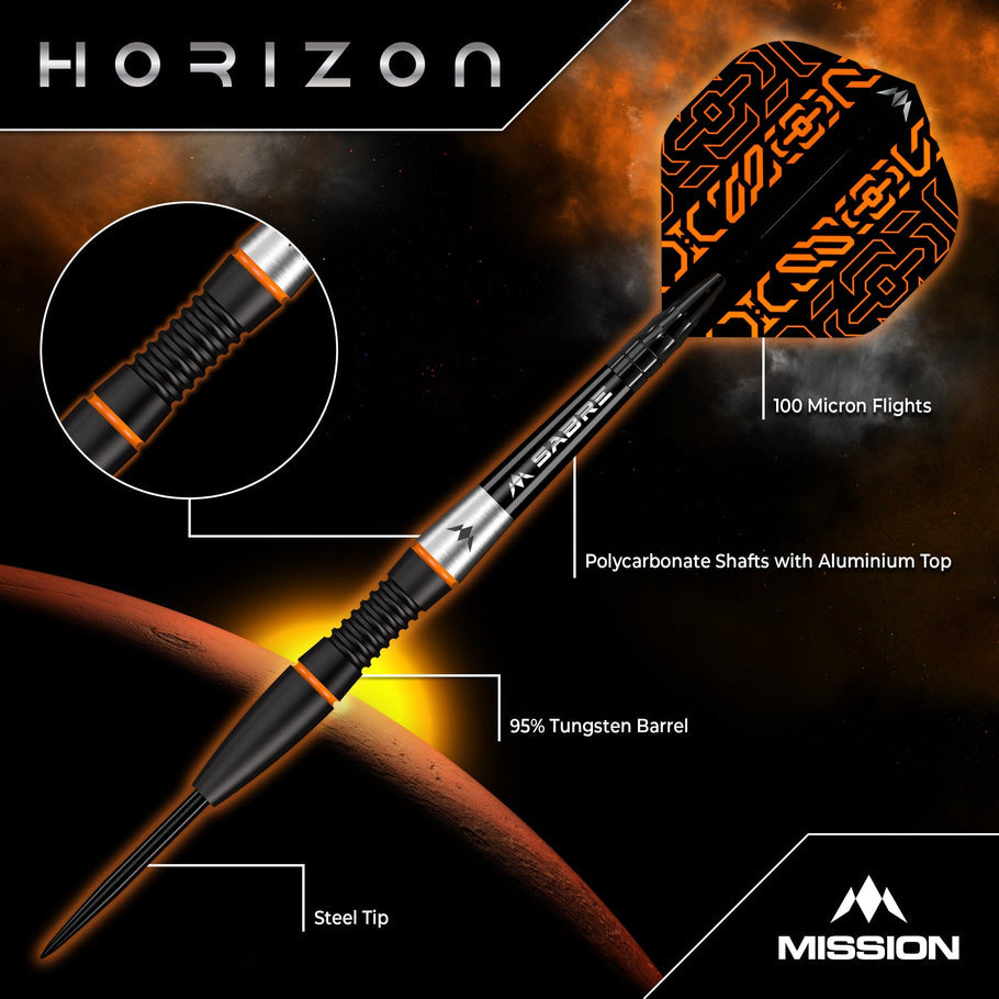 Mission Horizon Darts
Steel Tip - 95% Tungsten - Black PVD & Orange
