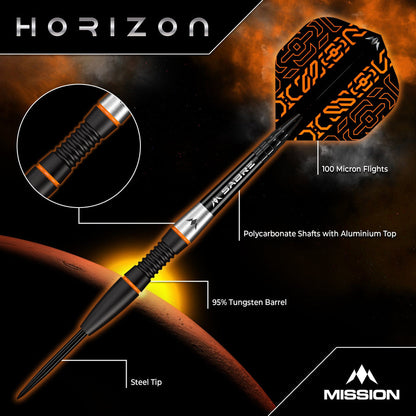 Mission Horizon Darts
Steel Tip - 95% Tungsten - Black PVD & Orange
