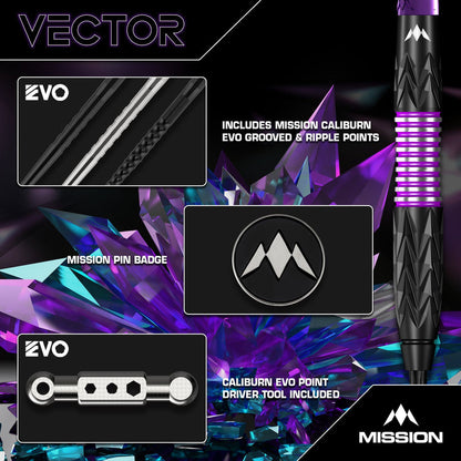 Mission Vector Darts
Steel Tip - 95% Tungsten - Black PVD & Purple Electro