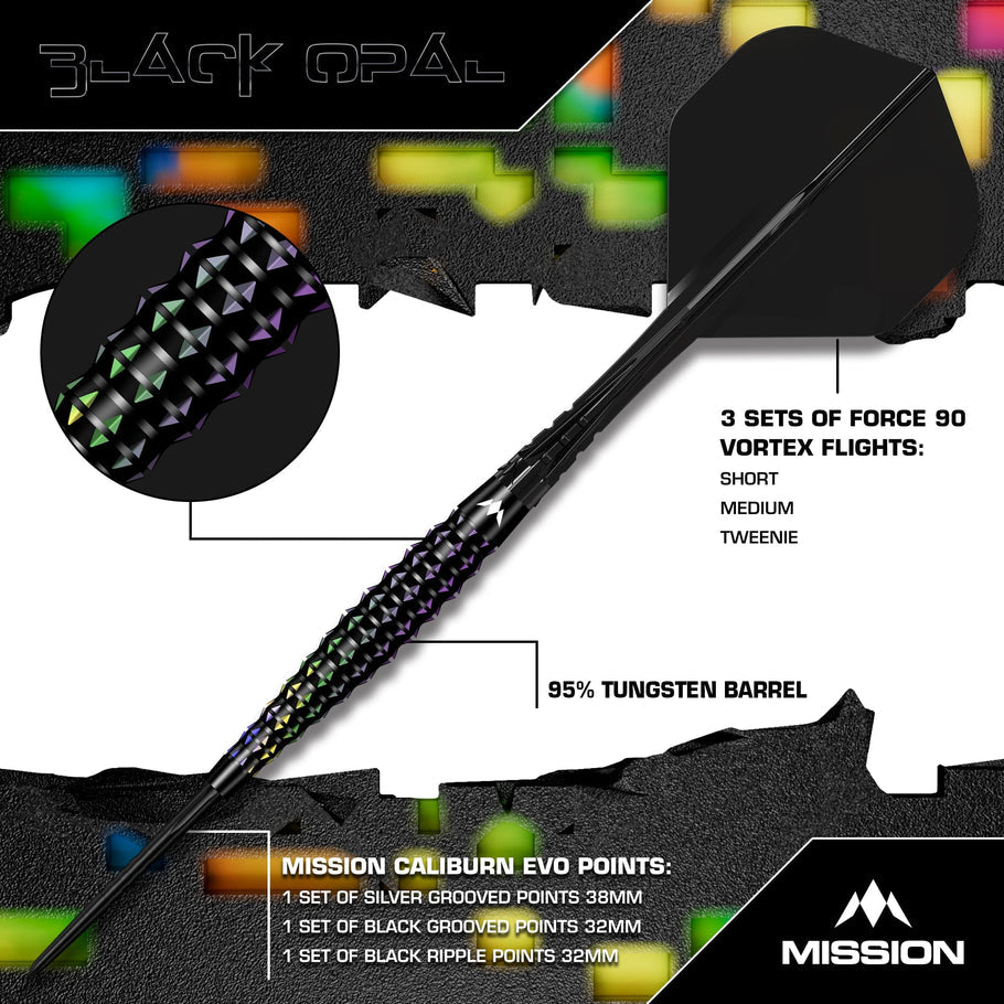 Mission Black Opal Darts
Steel Tip - 95% Tungsten - Black & Coral PVD