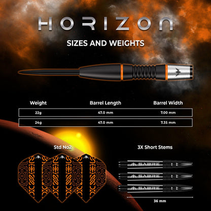 Mission Horizon Darts
Steel Tip - 95% Tungsten - Black PVD & Orange