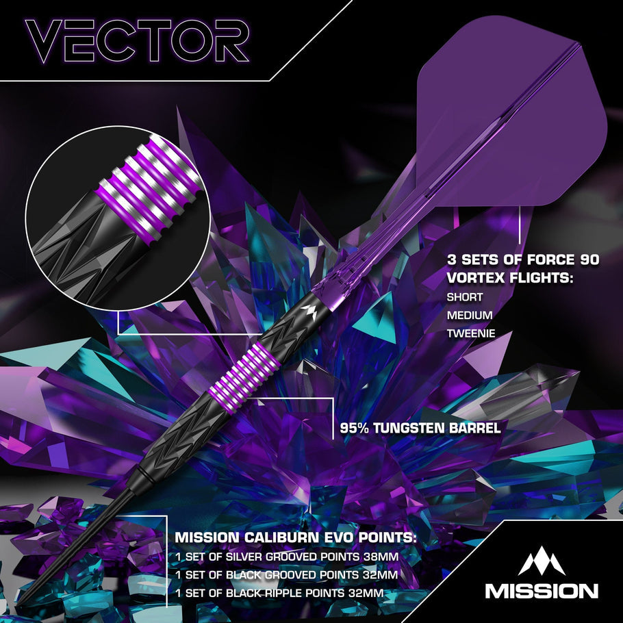 Mission Vector Darts
Steel Tip - 95% Tungsten - Black PVD & Purple Electro
