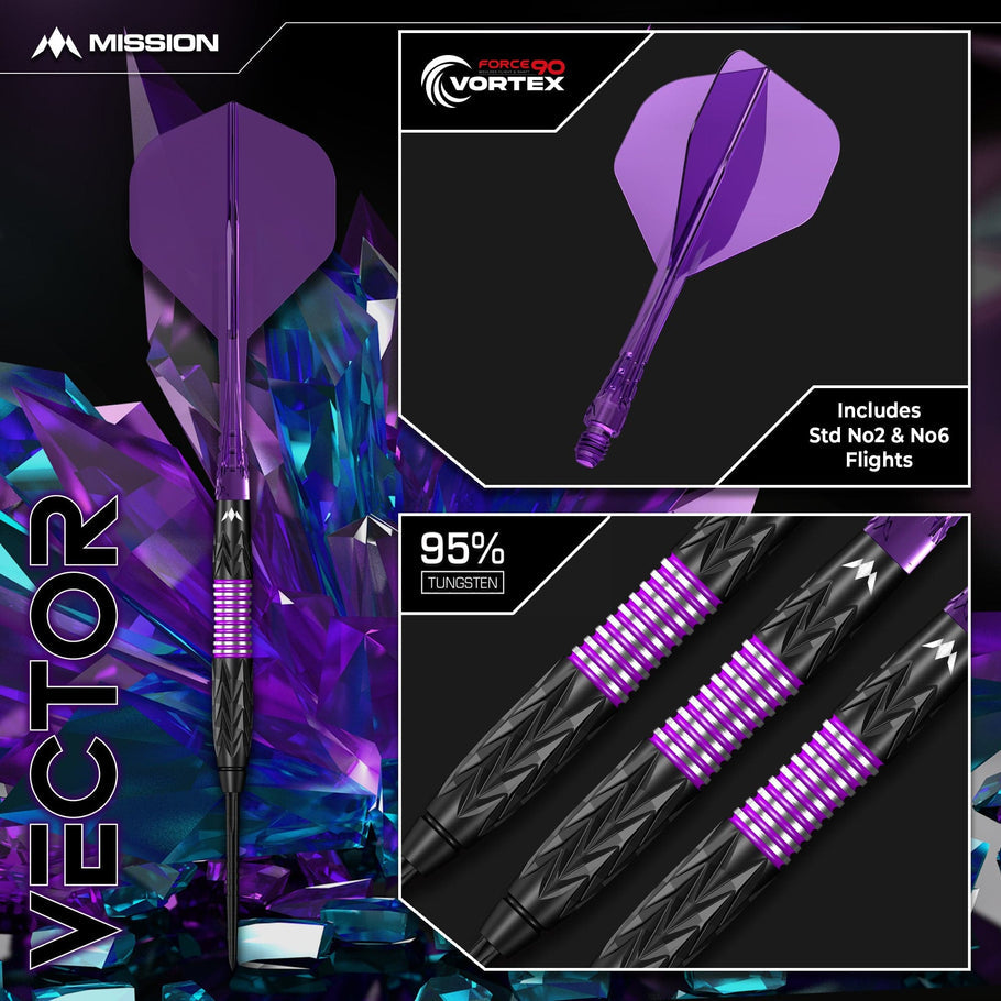 Mission Vector Darts
Steel Tip - 95% Tungsten - Black PVD & Purple Electro