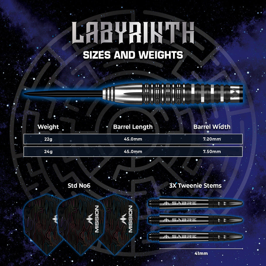 Mission Labyrinth Darts
Steel Tip - 90% Tungsten - Black PVD